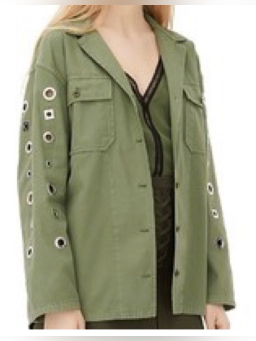 Brooklyn Karma Women Green Shacket Utility Jacket Geometric Grommets Pockets S - Picture 2 of 14
